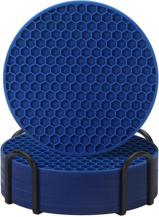 Coasters Set of 6 with Holder,Coasters for Drinks,Coffee Table Decor Coaster,Suitable for Kinds Cups,Anti-Slip,Non-Stick,Silicone Cup Coaster and Living Room Decor (6 Pcs, Navy Blue)