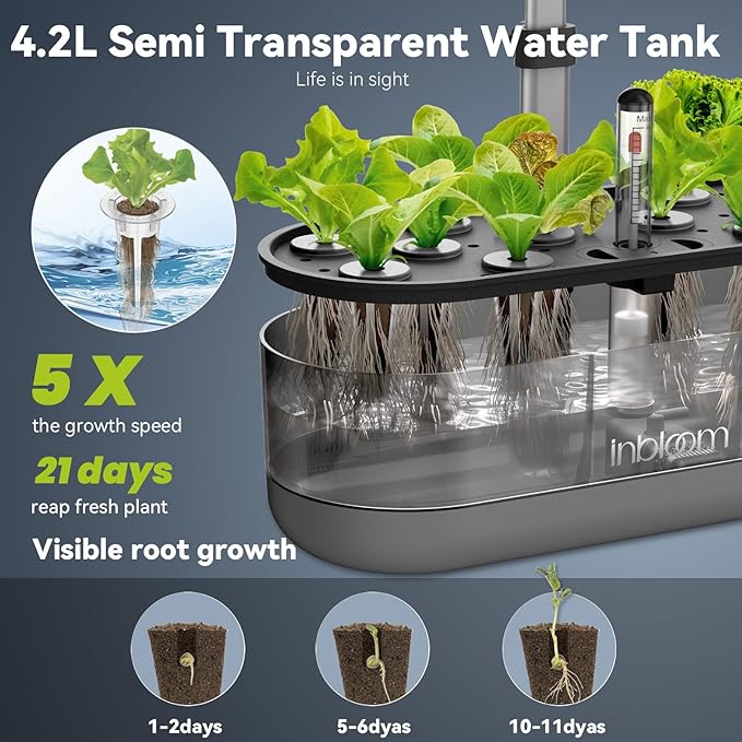 inbloom 12 Pods Hydroponics Growing System Kit, Herb Garden Planter Indoor Kit, Indoor Gardening Hydroponics Growing System with 4.2L Water Pump, Height Adjustable, Gifts for Woman, Transparent Black