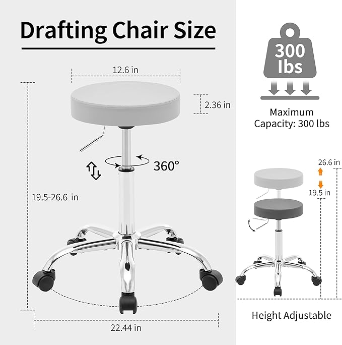 Drafting Stool, Adjustable Office Chair 19.5"-26.6", Gray Work Stools with Wheels (Gray)