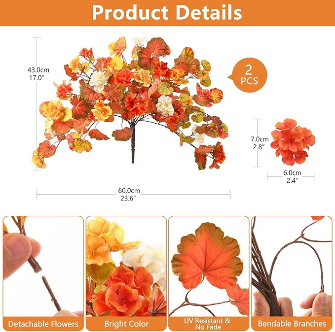 Artificial Fall Flowers for Outdoor Decor 2 Pcs UV Resistant Fake Flowers, Faux Fall Flowers for Outdoor Planters Autumn Silk Flowers for Porch Garden Patio Yard Halloween Decorations