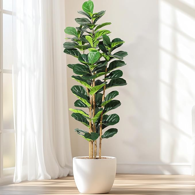 GarveeHome 6FT Faux Fiddle Leaf Fig Tree with White Pot, Faux Trees with Artificial Plants 74 Fiddle Leaves Greenery - Lifelike Fake Tree for Home Office Store Room Decor Indoor Outdoor