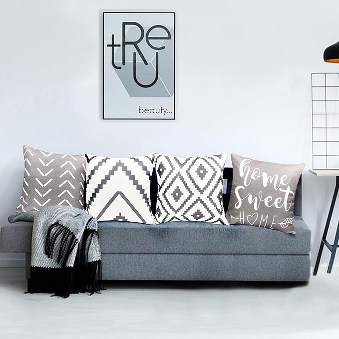 Decorative Throw Pillow Covers Set of 4 Grey Pillow Covers 16x16 inch Throw Pillow Cases Linen Square Pillow Case,Farmhouse Outdoor Modern Geometric Pillow Covers for Couch Sofa Living Room