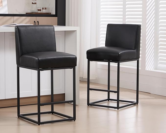 VESCASA Faux Leather 27 inches Counter Height Bar Stools with Padded Back, Modern Upholstered Counter Stool Chairs with Black Metal Frame for Kitchen Island, Set of 6, Black