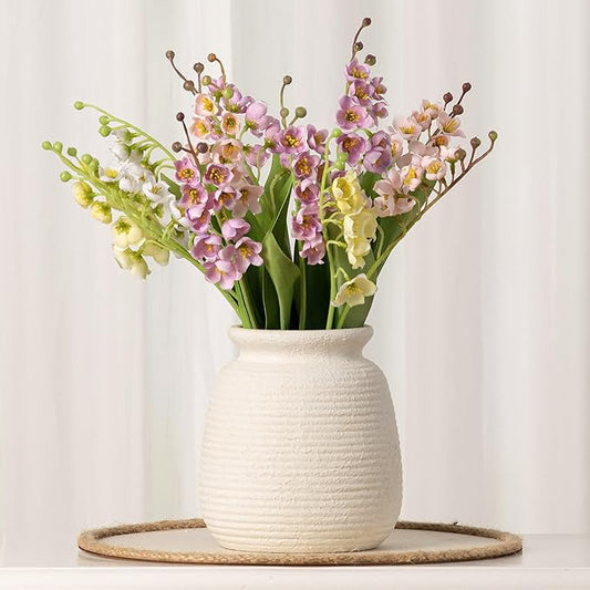 Ceramic Flower Vase, 6“ Small Rustic Farmhouse Vases Home Decor, Short Pottery Decorative Pampas Vase for Table Living Room Entryway Mantel Bookshelf Bedroom Bathroom Kitchen-White