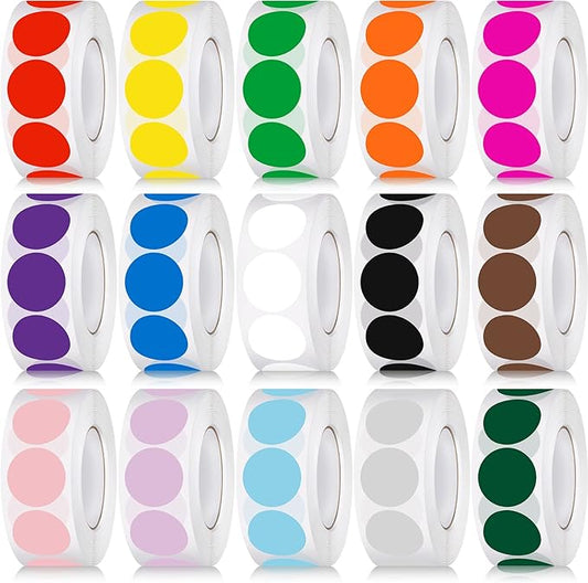 15000 Pcs 3/4 in Round Color Coding Labels Roll Adhesive Solid Colors Dot Stickers Assorted Colored Circle Dot Label for Back to School Inventory Organize File Classification, 15 Colors
