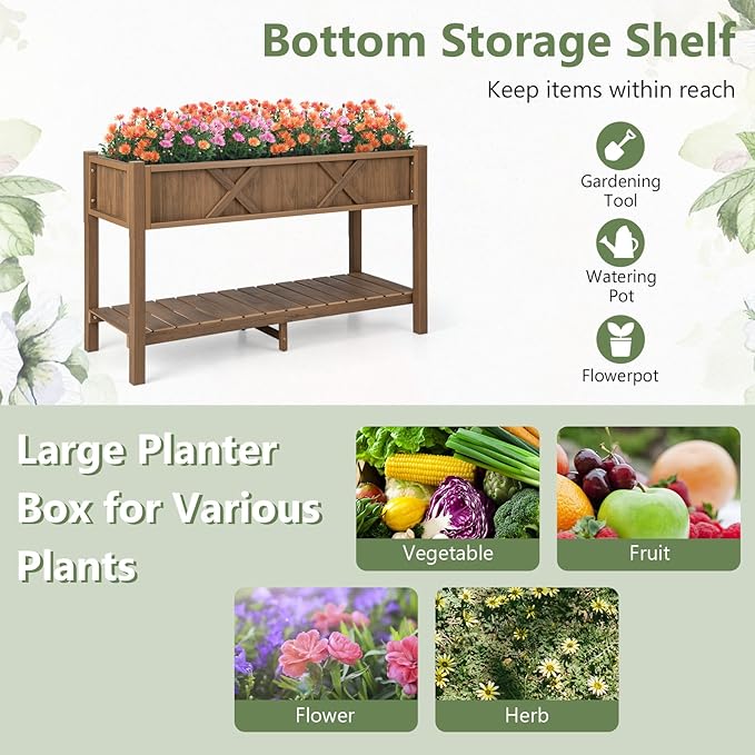 Giantex HIPS Raised Garden Bed, Elevated Planter Box w/Legs, Storage Shelf, Drainage Holes, Weather-Proof Standing Raised Beds for Backyard Porch Flower Herb (Coffee, 44" x 18" x 29")
