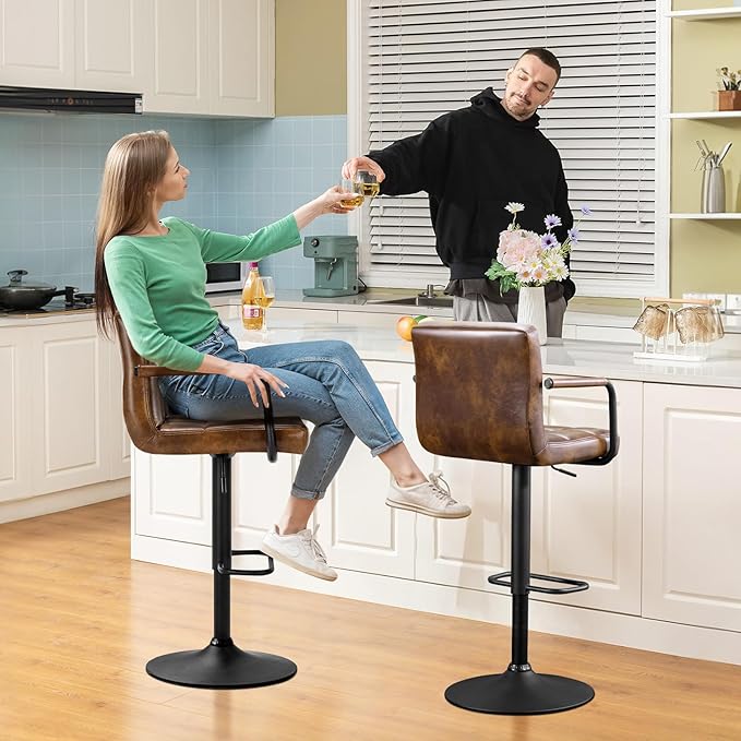 Furniliving Swivel Bar Stools Set of 4, Adjustable Kitchen Counter Height BarStools with Arms, PU Leather Upholstered Bar Chair with Back and Footrest for Dining Room, Kitchen, Pub, Bar (Yellowbrown)