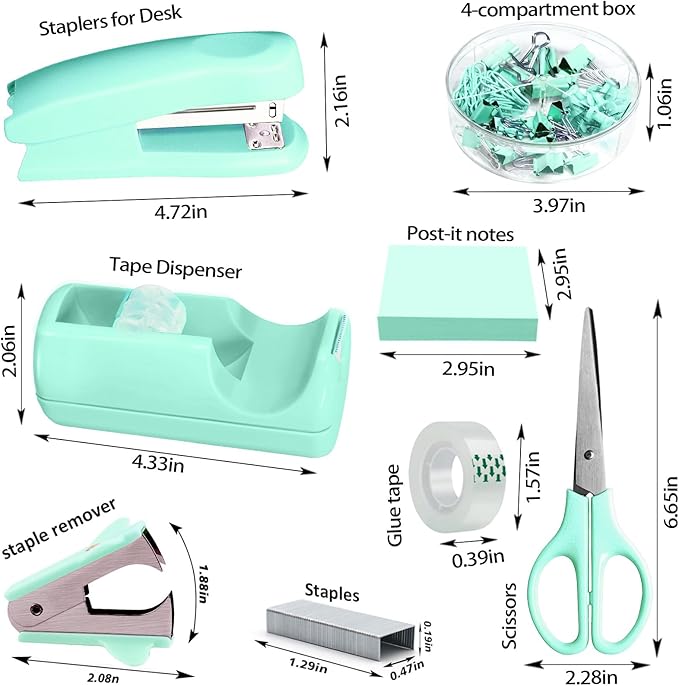 Green Office Desk Accessories, Green Office Supplies Set, Desk Drawer Organizer,Stapler and Tape Dispenser Set,Tape,Staple Remover, Staples, Paper Clips, Scissor and Sticky Note