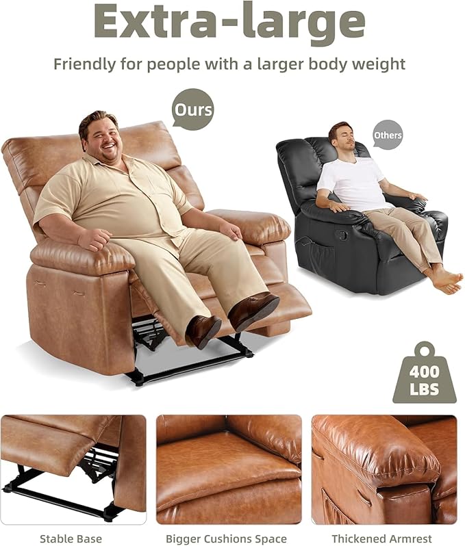 Garvee Recliner Chair Oversized Reclining Sofa Adjustable Manual Recliner Lounge Chair with Massage & Heat - Retro Brown
