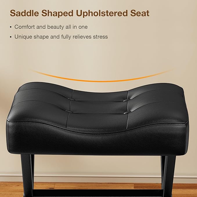 18-Inch Large Leather Vanity Stool, Vanity Chair with Metal X-Leg, Ottoman Accent Stool with Thick Padded Saddle Seat, Black