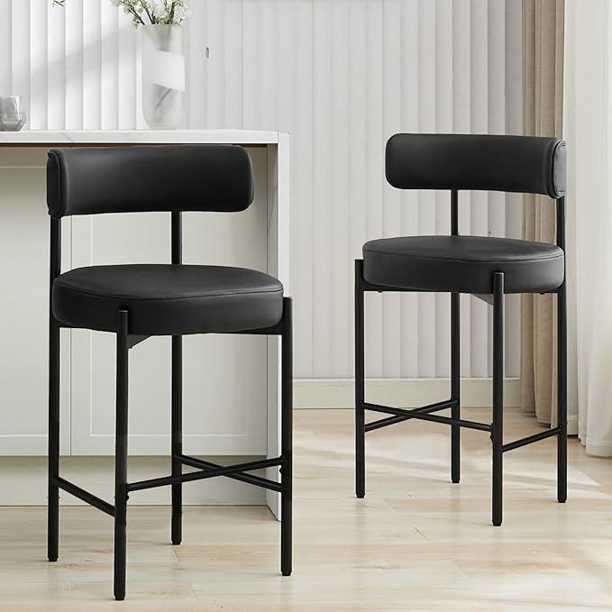 28'' Faux Leather Bar Stools Set of 2, Bar Height Stools for Kitchen Island, Black Barstools with Backs, Upholstered Counter Chairs (Vegan Leather, Black)