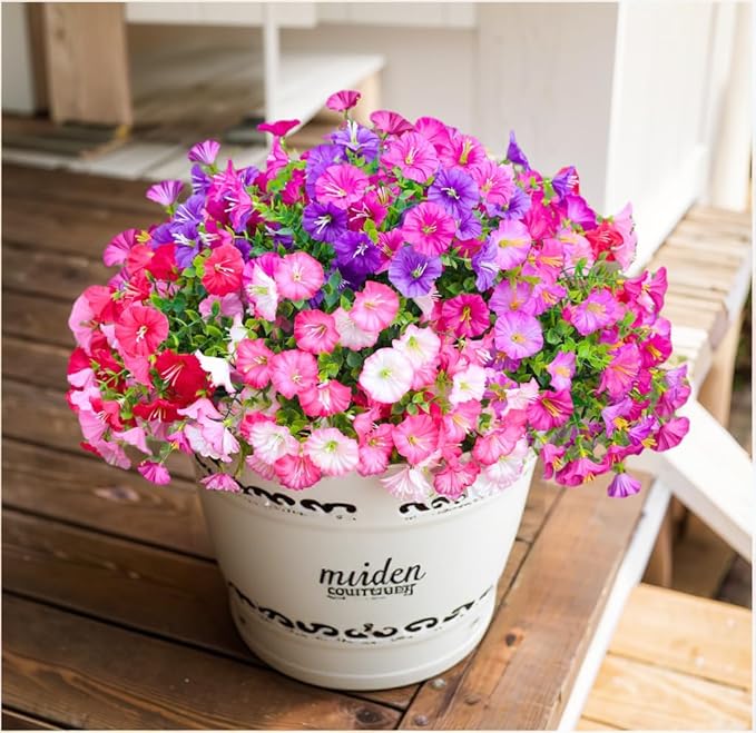 7 Color Mix Artificial Flowers for Outdoor, Fake Flowers Faux Plants for Outside Indoor, Summer Decor Morning Glory Petunia UV Resistant, for Garden Porch Window Box Home Planters (Pink Purlpe)