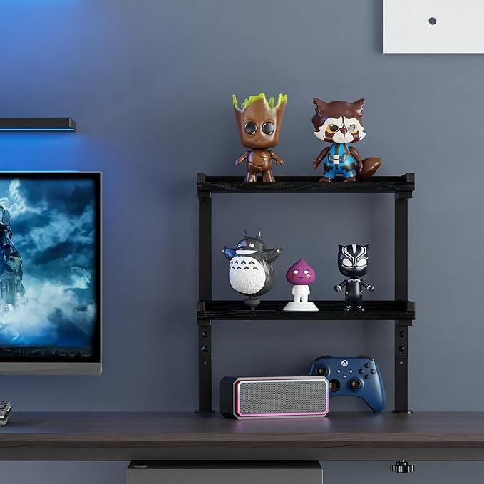 Clamp On Desk Shelf 2-Tier, 12.5 inche Wood Shelving Unit for Office Desk/Gaming Accessories, Tabletop Book Storage Rack, Shelf for Top & Under of Desk, Black