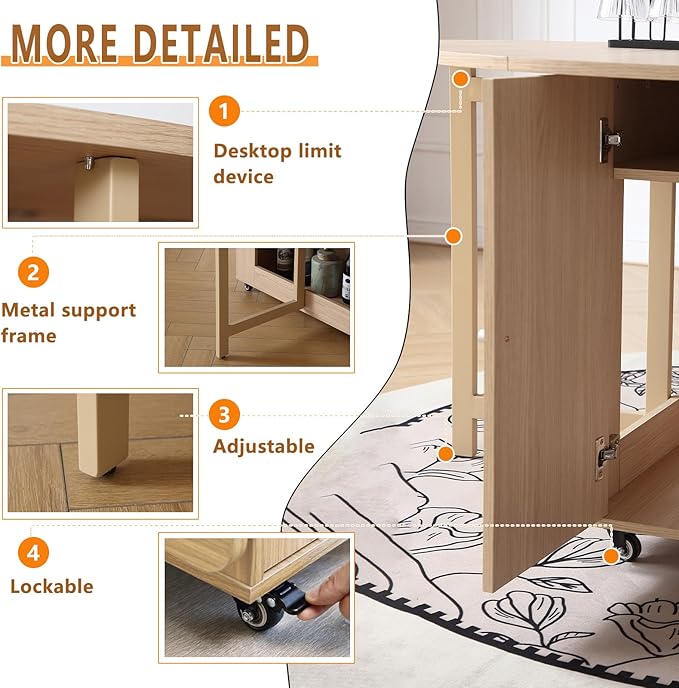 47.3" Round Folding Dining Table for 4-8, Wood Kitchen Foldable Dining Table Large Drop Leaf Dinner Table with Storage Shelf Metal Legs for Home Dining Room Living Room in Wood Color