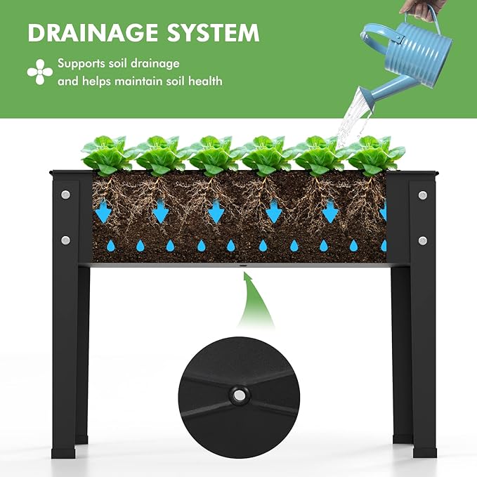 HAPPYGRILL Raised Garden Bed, 18” Elevated Planter Box w/Legs, Drainage Hole, Hemming Design, Metal Garden Box for Vegetable Herb, Outdoor Raised Beds for Gardening, Backyard Porch Balcony, Black