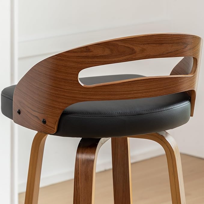 Counter Stools Set of 3, Counter Height Bar Stools with Walnut Crafts, Bentwood Curved Back, Upholstered Faux Leather, Soft Cushion Seat, Swivel Counter Chairs for Island/Pub (Black, 26" Seat Height)