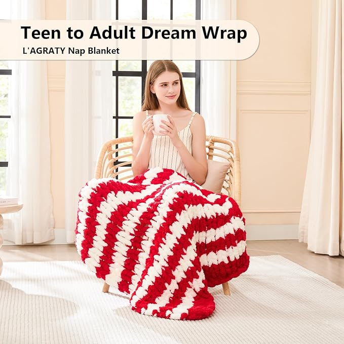 L'AGRATY Chunky Knit Blanket Throw - Soft Chunky Throw Blanket 30x40: 100% Hand Kintted Chenile Crochet Throw Blanket for Couch - Large Cable Knit Chunky Blanket for Home Decor(Red and White)