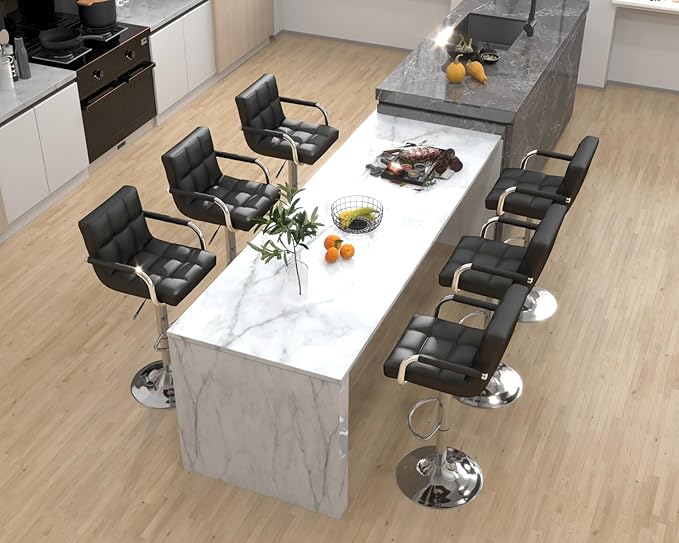Modern PU Leather Bar Stools Set of 2, Adjustable Swivel Square Bar Chairs, Counter Height Barstools with Arms and Large Base for Island/Kitchen(Black)