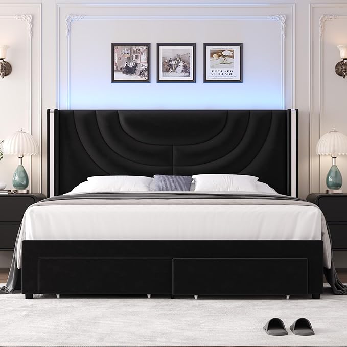HITHOS Full Upholstered LED Bed Frame with 2 Storage Drawers, Velvet Platform Bed with Wingback Headboard, Solid Wooden Slats Support, No Box Spring Needed, Headboard Splicing Design, Black