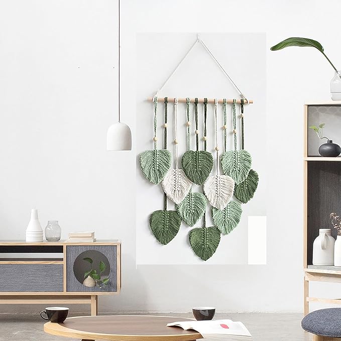 MSFENG Wall Hanging Decor Leaves Tapestry Boho Wall Decor Woven Feather Handmade Yarn Tassels Woven Wall Art Decorations for Nursery, Bedroom, Living Room, Apartment Home Backdrop (LightGreen)
