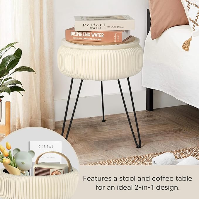Velvet Vanity Stool with Storage, Round Ottoman Vanity Chairs with Anti-Slip Feet, Dressing Table Seat Foot Stool with Black Legs, Furry Padded Seat Side Table for Makeup Bedroom, White