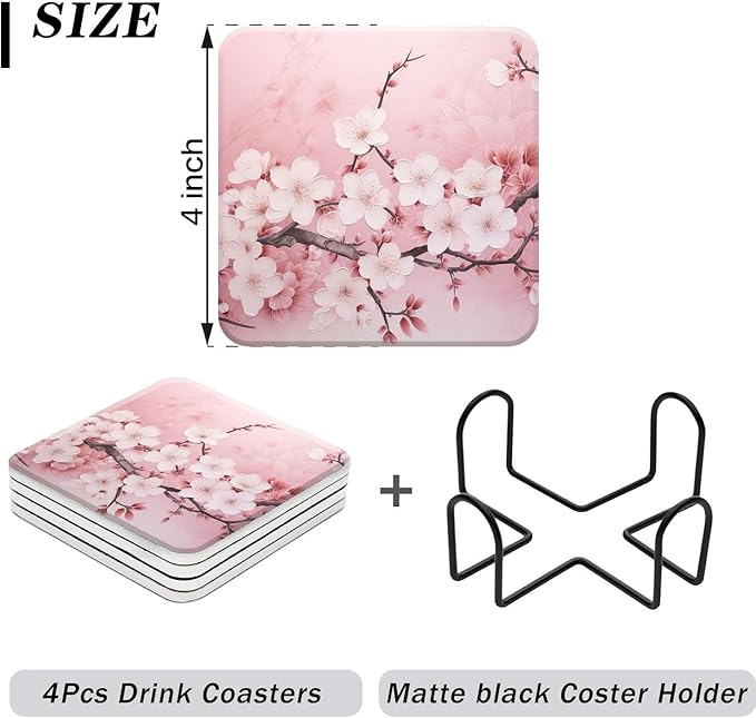 Ceramic Drinking Coasters Set of 4 Square Water Absorbent Blooming Pink Cherry Blossom Flowers Ceramic Coasters Tabletop Protection (Cork Base),Suitable for Various Mugs,Home Decor，4 Inch