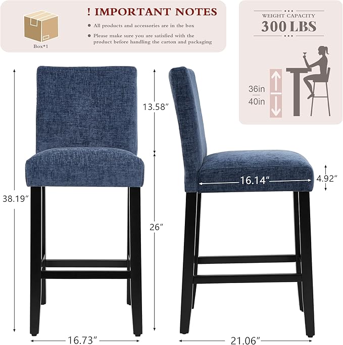 26'' Velvet Chenille Bar Stools, Modern Upholstered Bar Height Bar Chairs, Soild Wood Legs Barstools with Back, Blue
