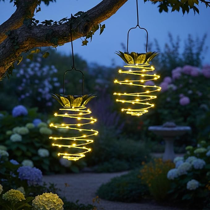 2 Pack Waterproof Solar Lanterns Outdoor, 60LED Hanging Lights with Pineapple Pattern, Solar Garden Lights Outdoor for Patio Yard Decor, Gift for Grandma Gardeners Women