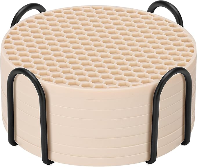 Silicone Coasters Set of 8 with Holder,Coasters for Drinks,Beer,Coffee Coasters,Suitable for Kinds Cups,Hot or Cold,Anti-SLI,Non-Stick,Anti-Overflow Tabletop Protection and Decor (8 Pcs, Tapioca)