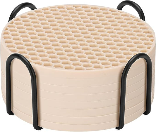 Silicone Coasters Set of 8 with Holder,Coasters for Drinks,Beer,Coffee Coasters,Suitable for Kinds Cups,Hot or Cold,Anti-SLI,Non-Stick,Anti-Overflow Tabletop Protection and Decor (8 Pcs, Tapioca)