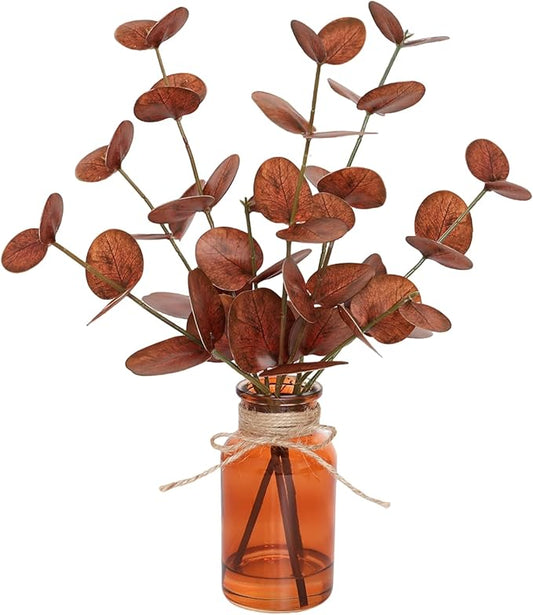 Artificial Eucalyptus Stems in Amber Glass Vase with Faux Water,3Pcs Fake Plant with Double-Sided Terracotta Leaves for Centerpiece (Double-Sided Terracotta Eucalyptus)