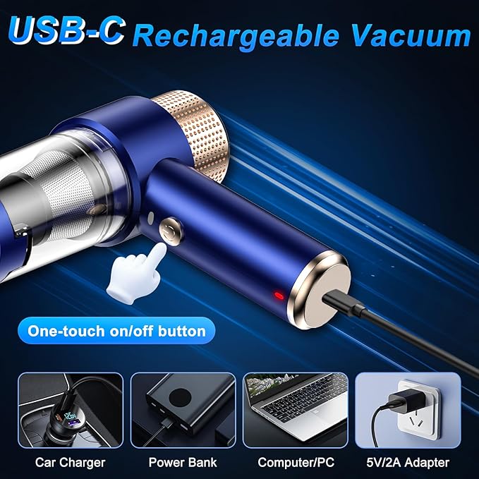 Mini Vacuum Cleaner, 15000PA Car Vacuum Cleaner Portable Cordless with LED Light, 4 in 1 Air Duster and Handheld Small Vacuum Rechargeable for Car, Home, Office, Pet（Blue）