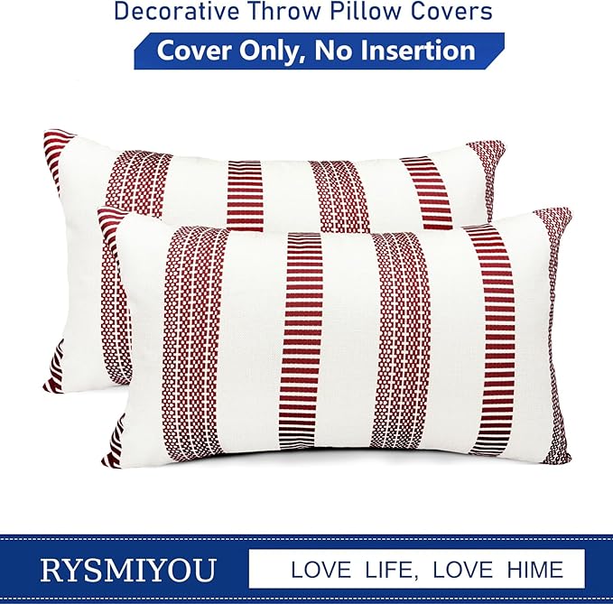 Decorative Throw Pillow Covers Set of 2 Wine Red Boho Striped Pillow Covers 12x20 Inch Throw Pillow Cover Linen Pillowcase Farmhouse Outdoor Pillow Covers for Couch Sofa Bed Living Room