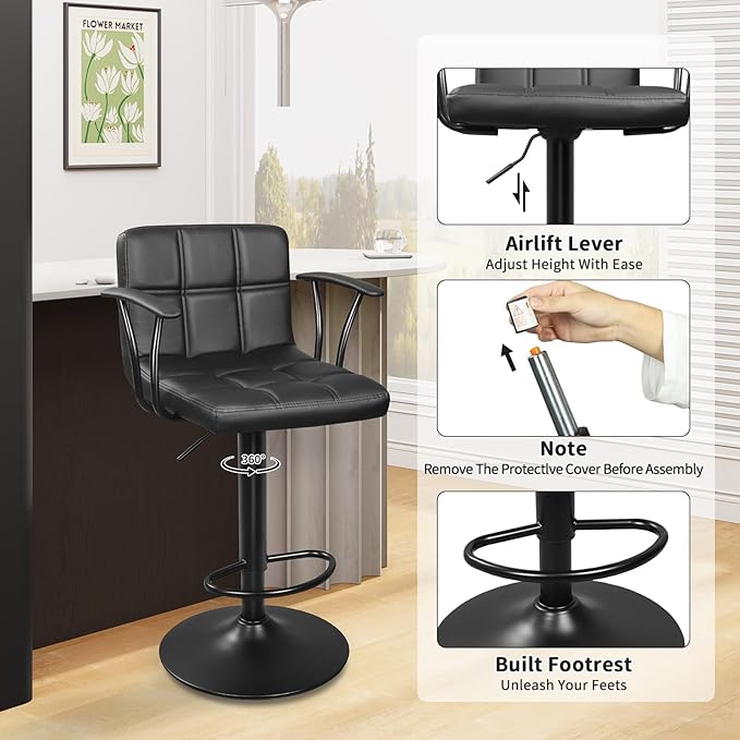 Bar Stools Set of 2, Armrest Adjustable Swivel Barstools with Back, Double Needle PU Leather Counter Height Chairs for Kitchen lsland (Black)