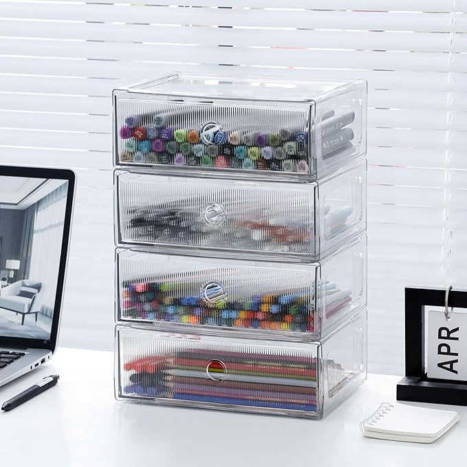 Clear Desk Organizers and Accessories, Plastic Drawer Storage Bins for Home Office Supplies, Marker Pen, Art Crafts, Makeup, Stackable Container for Bathroom, Cabinet, Pantry, 2 Drawers