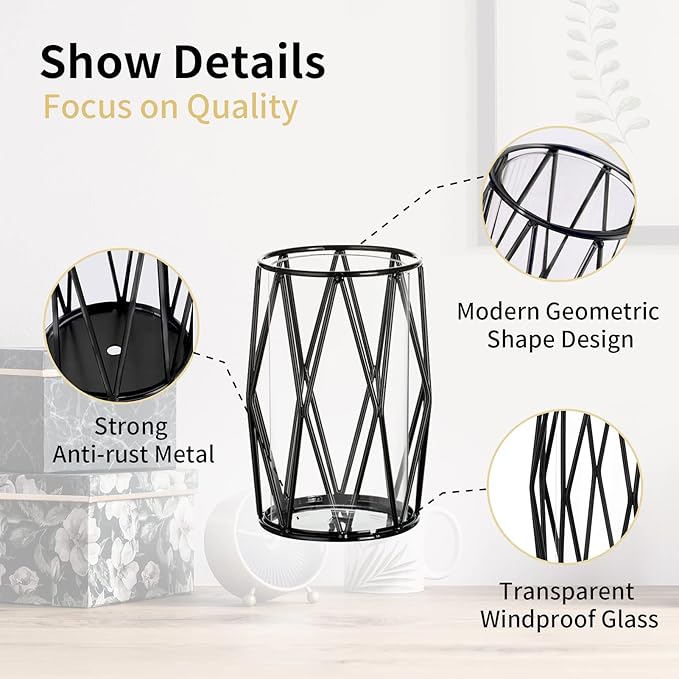 Nuptio Black Pillar Candle Holders - Glass Candles Holder with Geometric Metal Rack Stand for Wedding Birthday Party Centerpieces - Flower Vase Small Hurricane Vases for Office Living Room