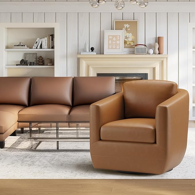 COLAMY 360° Swivel Accent Chair with Pillow, Leather Living Room Armchair No-Sag Foam & Sturdy Metal Base, Fully Assembled Swivel Accent Single Sofa for Bedroom Living Room, Reading Room, Brown