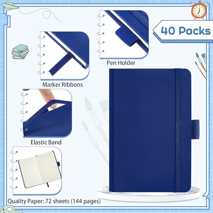 40 Pieces Small Notebooks A6 Pocket Journals 3.5 x 5.5 Inch Small Leather Notebook Mini Ruled Lined Journal with Elastic Band Pen Holder Page Marker Ribbons for Diary School Business Office (Blue)