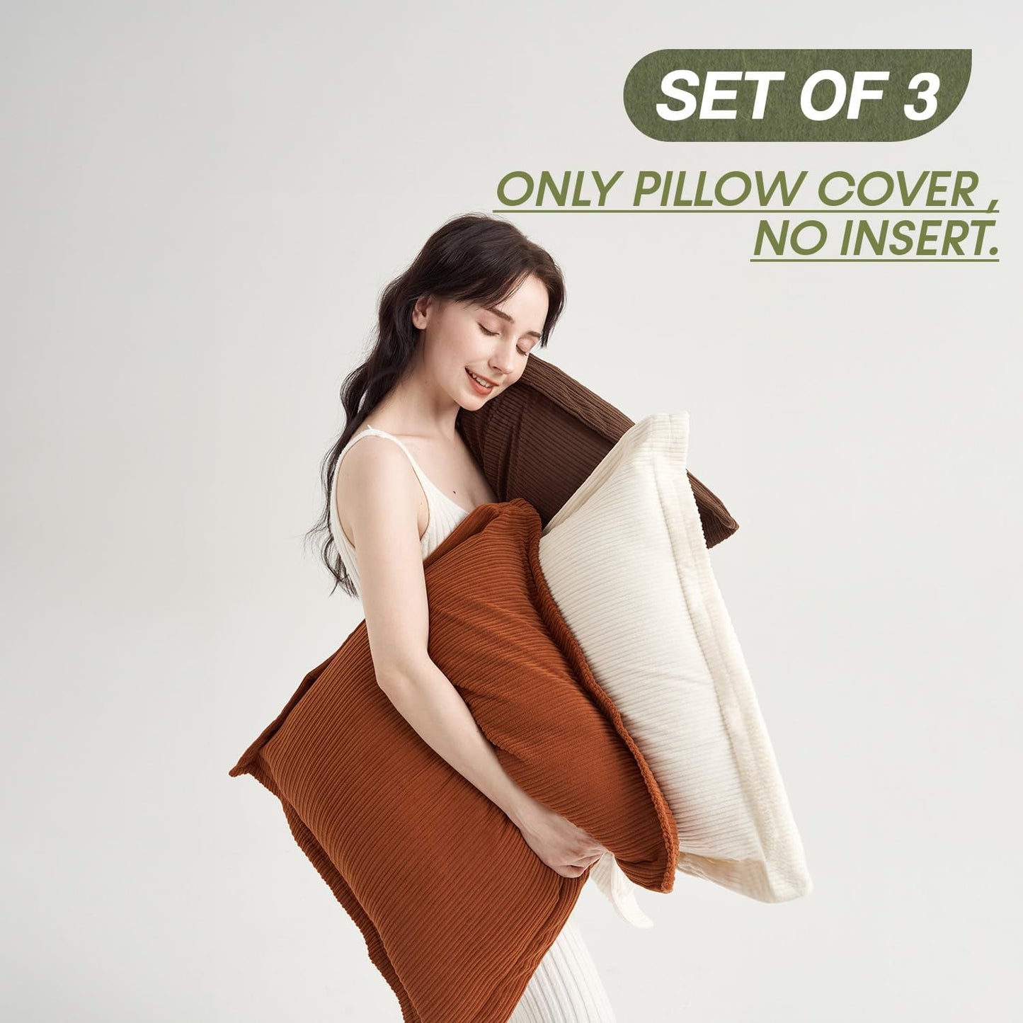 Set of 3 Super Soft Striped Corduroy Throw Pillow Covers 20x20inch, Decorative Boho Square Pillow Covers for Sofa Couch Aesthetic Decor Bedroom Living Room (Earthy Brown, Rust & Cream)