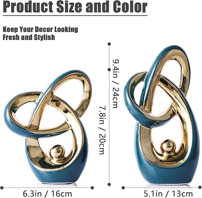 Teal Gold Modern Abstract Art Home Decor Accent,Statues Coffee Table Decor for Living Room,Table Centerpieces for Dining Room,Ceramic Sculptures and Gold Knick Knacks for TV Stand Decor (Green Gold)