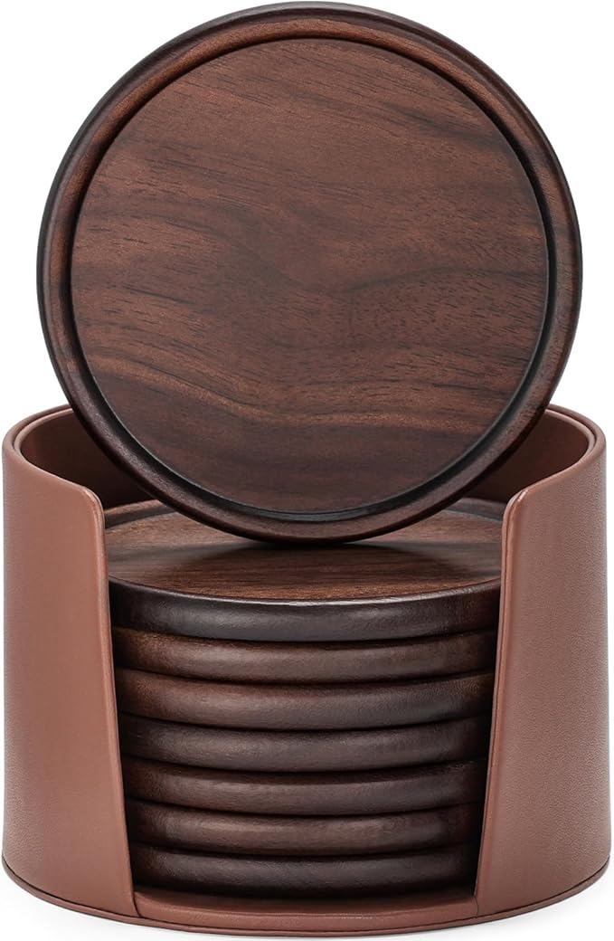 Wood Coasters with Leather Holder, GOH DODD Set of 8 Walnut Wooden Coaster Tabletop Protection for Drinks Coffee Table Home Kitchen Office Living Room Decor Housewarming Gifts Wedding Party, 4 Inch