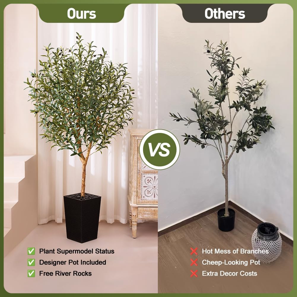 Artificial Olive Tree 6FT, Faux Olive Trees with Real Wood Trunk, UV Resistant Fake Plants in Planter & River Rocks, Indoor Tall Silk Plant for Home Living Room Office Outdoor Decor, VN133