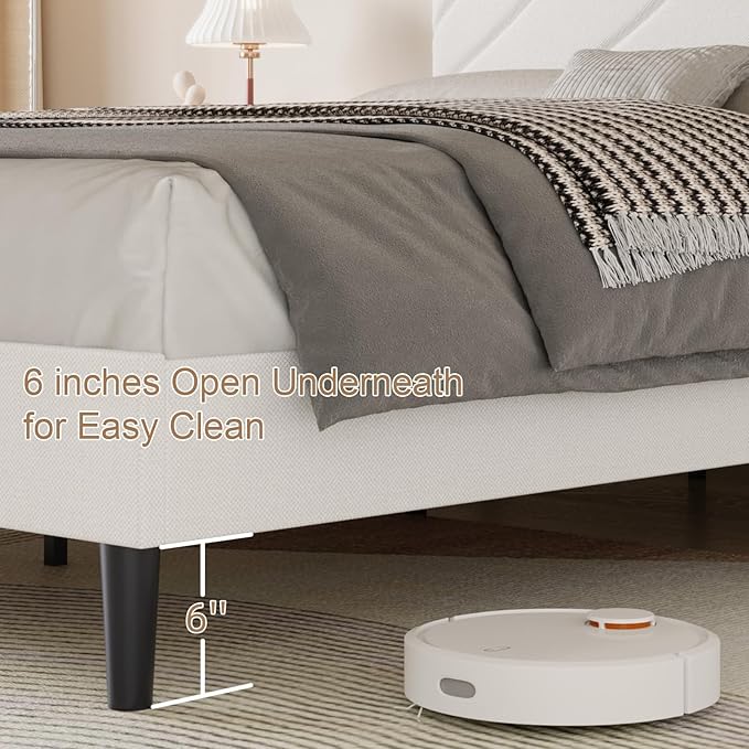 HOMBCK Twin Size Bed Frame, Bed Frame Twin with Linen Fabric Upholstered Headboard and Wooden Slats Support,Adjustable Headboard, No Box Spring Needed, Noise-Free, Easy Assembly, White