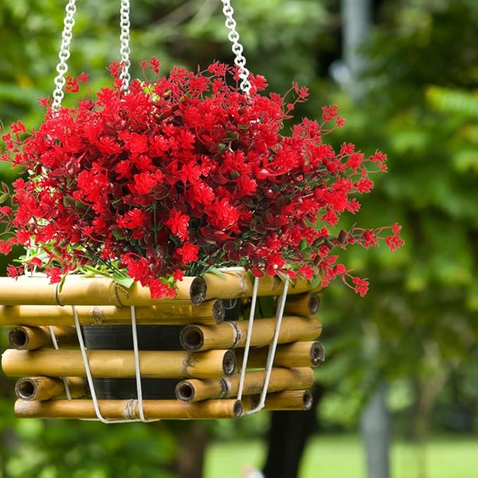 Fake Greenery Boxwood Plant Outdoor Artificial Flowers UV Resistant Fake Boxwood Plastic Plants Greenery Shrubs for Summer Indoor Outdoor Garden Patio Window Box Kitchen Home Decor(Red)