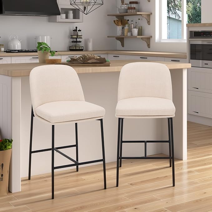 COLAMY Counter Height Bar Stools Set of 2, 25 Inch Modern Fabric Kitchen Island Stools with Back, Upholstered Counter Barstools Armless Bar Chairs with Metal Legs for Island Dining Room Bar, Beige