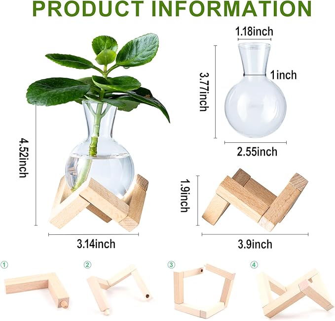 Propagation Stations, Propagation vases with Wooden Stand, Small Tabletop Glass Bulb Vases for Hydroponics Plant Propagation Station Home Office Decoration, Gift for Women Plant Lovers (6)