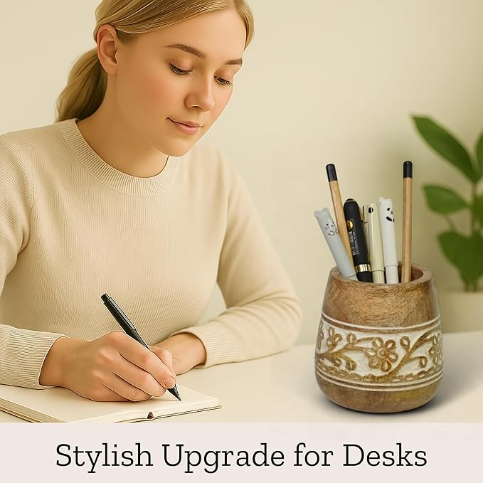 Mie Creations Designer Pencil Holder for Desk Wood | Paintbrush Holder Cup, Desk Accessories, Cute Make Up Brush Organizers | Office Desktop, Wooden Pen Stand | Stationary, Art Supplies | White-4''