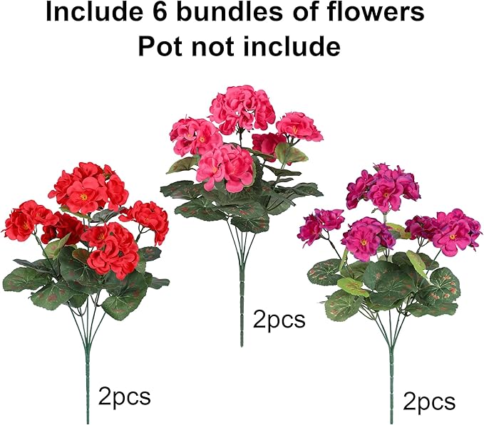 Artificial Geranium Fake Flowers for Outdoors Decoration, 6 Bundles Silk Geraniums Flower UV Resistant Look Real Faux Plants for Front Door Garden Porch Planter Patio Balcony Yard Indoor Home, Mix