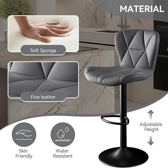 Bar Stools Set of 6,Adjustable Swivel Barstools, Faux Leather Bar Chairs,Upholstered Counter Height with High Backrest for Kitchen Island, Dark Grey