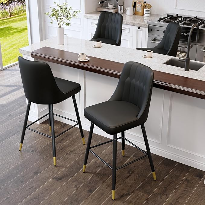 Bar Stools Set of 4,Counter Height Bar Stools with Back,Modern Faux Leather Kitchen Stools,27"Black Bar Stool with Stable Metal Leg,Armless Counter Height Chair for Kitchen Island Coffee Corner